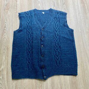 (1) Handknit Preppy Chunky Cable Knit Navy Shetland Wool Grandpa Retro Vest  L
